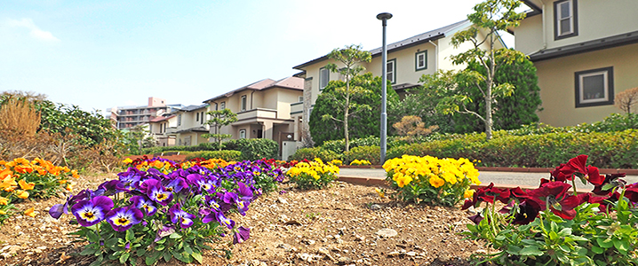 花とともに家々が並ぶ住環境がよさそうな住宅地の画像